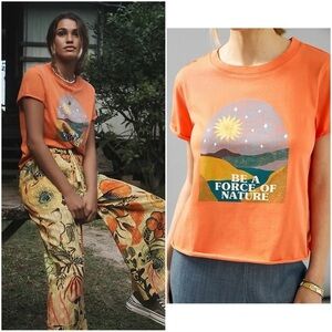 Anthropologie Force of Nature Sun Stars Mountains Orange Boho Oversized Crop Tee